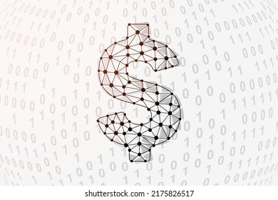 Dollar 3d low poly symbol with binary code background. Money design vector illustration. Finance polygonal symbol with connected dots