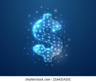 Dollar-3d-Symbol in blauem Low-Poly-Stil. Geldwährung, Economy Design Konzept Vektorgrafik. Finanzierung des polygonalen WLANs.