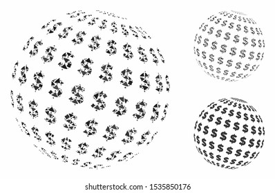 Dollar abstract sphere composition of humpy parts in various sizes and color tints, based on dollar abstract sphere icon. Vector inequal parts are grouped into composition.
