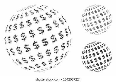 Dollar abstract sphere composition of humpy items in variable sizes and color tints, based on dollar abstract sphere icon. Vector humpy dots are grouped into collage.
