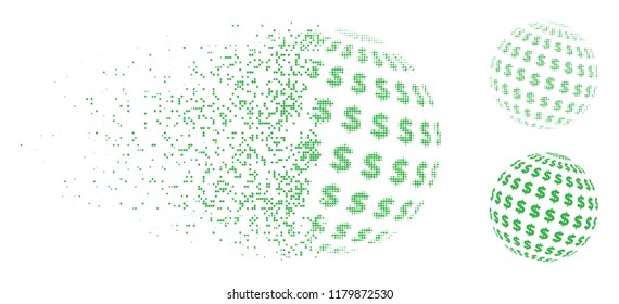 Dollar abstract sphere icon in fragmented, dotted halftone and whole variants. Particles are organized into vector dissolving dollar abstract sphere pictogram.