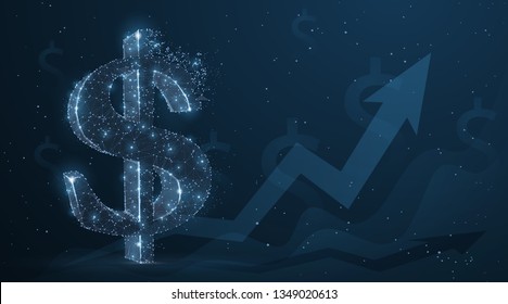 Dollar. Abstract vector 3d dollar sign with graph grows up arrow background. Currency, banking growth, finance progress symbol. Achievement, business success concept illustration