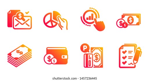 Dollar, Accounting report and Pie chart line icons set. Graph chart, Buying accessory and Dollar money signs. Parking payment, Survey checklist symbols. Usd currency, Check finance. Vector