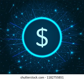 Dollar American currency USA coin circled icon on illuminated backdrop vector. Cryptocurrency and banking online. Finance and virtual money profit