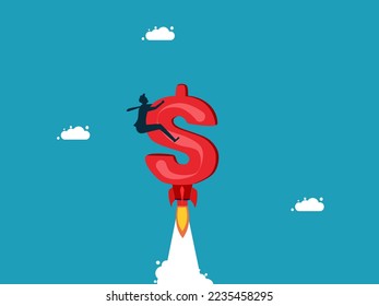 The dollar appreciated. Businessman on dollar sign rising in the sky