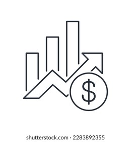 Gráfico de flecha hacia arriba y hacia el dólar. Precios en alza, inflación. Icono lineal vectorial aislado en fondo blanco.