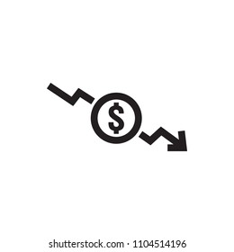dollar arrow decrease icon. Money arrow symbol. economy stretching rising drop fall down. Business lost crisis decrease. lower cost, reduction bankrupt icon. vector illustration.