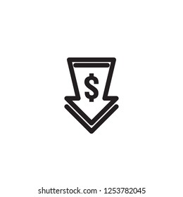 dollar arrow decrease icon. Money arrow symbol. economy stretching rising drop fall down. Business lost crisis decrease. lower cost, reduction bankrupt icon. vector illustration.