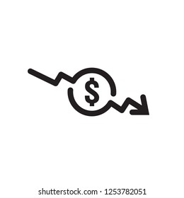 Dollar Arrow Decrease Icon. Money Arrow Symbol. Economy Stretching Rising Drop Fall Down. Business Lost Crisis Decrease. Lower Cost, Reduction Bankrupt Icon. Vector Illustration.