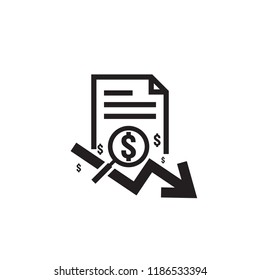 dollar arrow decrease rate icon. Money arrow symbol. economy stretching rising drop fall down. Business finance lost crisis. cost reduction bankrupt icon. flat outline vector illustration.