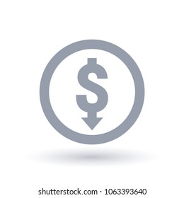 Dollar With Arrow Down Concept Icon In Circle Outline. Investment Loss Symbol. Economic Recession Sign. Vector Illustration.