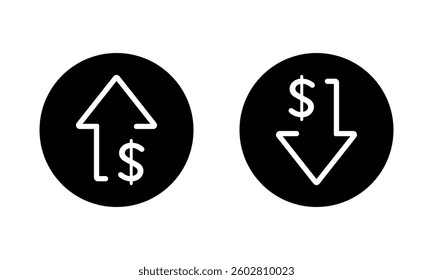 Dollar arrow up and down icon black circle. USD currency growth and decline sign symbol