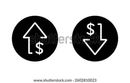 Dollar arrow up and down icon black circle. USD currency growth and decline sign symbol