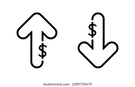 Dollar arrow up and down icon in line style. USD growth and decline sign. Increase and decrease currency symbol