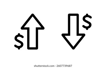 Dollar arrow up and down outline icon isolated on white background. USD growth and decline sign symbol