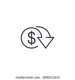 Dollar with an arrow down. Reduce costs. Cost price. Vector linear icon isolated on white background.