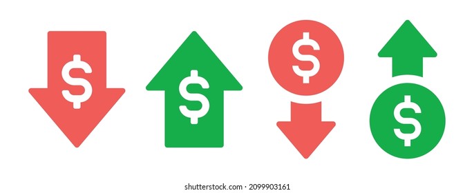 Dollar mit Pfeil nach oben und unten Symbol für teure und billige Preissymbol.