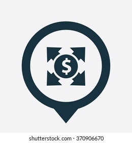 dollar arrow icon, on white background map pin
