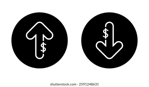 Dollar arrow outline up and down icon on black circle. USD growth and decline sign. Increase and decrease currency symbol