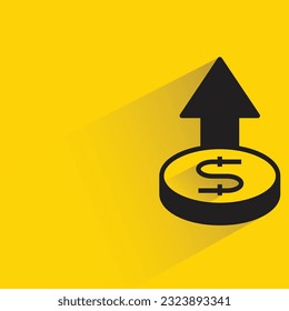 flecha hacia arriba y dólar con sombra sobre fondo amarillo