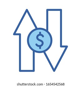 dólar y flechas línea y estilo de relleno icono del dinero artículo financiero banca pagos de mercado comprar contabilidad de divisas e invertir tema Vector ilustración