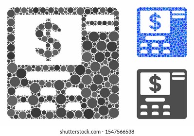 Dollar ATM mosaic of filled circles in variable sizes and color tinges, based on dollar ATM icon. Vector filled circles are grouped into blue mosaic. Dotted dollar ATM icon in usual and blue versions.
