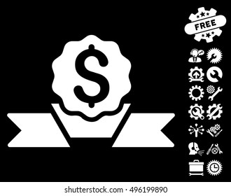 Dollar Award icon with bonus tools graphic icons. Vector illustration style is flat iconic symbols, white color, black background.