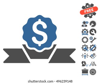 Dollar Award icon with bonus tools symbols. Vector illustration style is flat iconic bicolor symbols, cobalt and gray colors, white background.