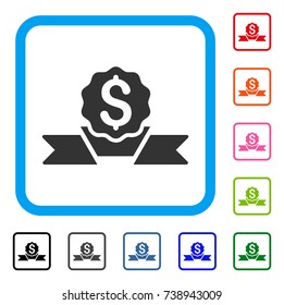 Dollar Award icon. Flat grey iconic symbol inside a light blue rounded squared frame. Black, gray, green, blue, red, orange color versions of Dollar Award vector.