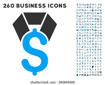Dollar Award icon within 260 vector business pictogram set. Style is bicolor flat symbols, light blue and gray colors, white background.