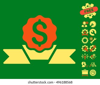 Dollar Award pictograph with bonus tools pictures. Vector illustration style is flat iconic bicolor symbols, orange and yellow colors, green background.