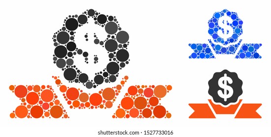 Dollar award ribbon composition of round dots in different sizes and color hues, based on dollar award ribbon icon. Vector round elements are united into blue mosaic.