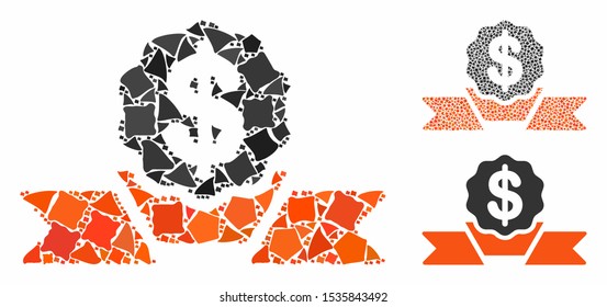 Dollar award ribbon composition of trembly parts in variable sizes and color tones, based on dollar award ribbon icon. Vector rugged parts are composed into composition.