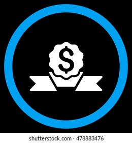 Dollar Award vector bicolor rounded icon. Image style is a flat icon symbol inside a circle, blue and white colors, black background.
