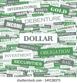 DÓLAR. Ilustración de wordcloud de concepto de fondo. Imprimir el concepto de nube de palabras. Collage gráfico con etiquetas y términos relacionados. Ilustración vectorial. 