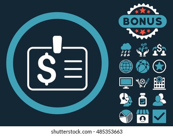 Dollar Badge icon with bonus design elements. Vector illustration style is flat iconic bicolor symbols, blue and white colors, dark blue background.