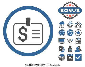 Dollar Badge icon with bonus design elements. Vector illustration style is flat iconic bicolor symbols, cobalt and gray colors, white background.