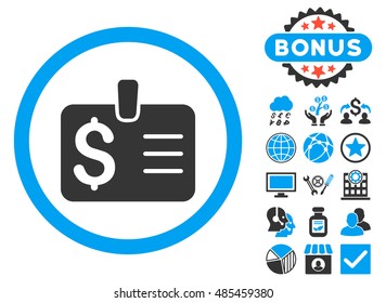 Dollar Badge icon with bonus pictures. Vector illustration style is flat iconic bicolor symbols, blue and gray colors, white background.