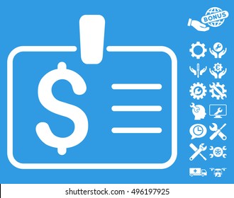 Dollar Badge icon with bonus tools images. Vector illustration style is flat iconic symbols, white color, blue background.