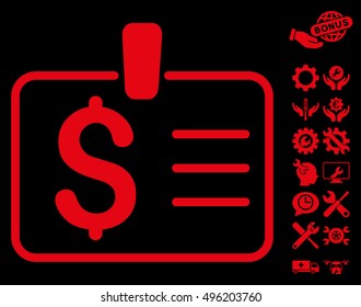 Dollar Badge icon with bonus tools clip art. Vector illustration style is flat iconic symbols, red color, black background.