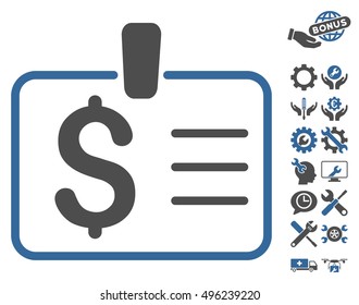 Dollar Badge icon with bonus tools pictures. Vector illustration style is flat iconic bicolor symbols, cobalt and gray colors, white background.