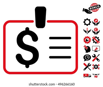 Dollar Badge icon with bonus tools icon set. Vector illustration style is flat iconic bicolor symbols, intensive red and black colors, white background.