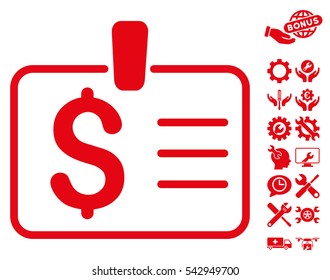 Dollar Badge icon with bonus tools pictogram. Vector illustration style is flat iconic symbols, red color, white background.
