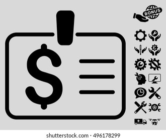 Dollar Badge pictograph with bonus tools clip art. Vector illustration style is flat iconic symbols, black color, light gray background.