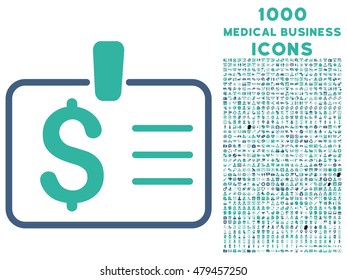 Dollar Badge vector bicolor icon with 1000 medical business icons. Set style is flat pictograms, cobalt and cyan colors, white background.