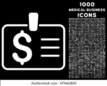 Dollar Badge vector icon with 1000 medical business icons. Set style is flat pictograms, white color, black background.