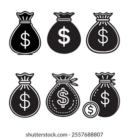 Dollar bag black silhouette vector, ideal for finance and money-themed designs and illustrations.
