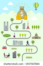 Bolsa de dólares y paisaje cotidiano Ilustración de pancartas verticales ( Metáfora del éxito financiero )