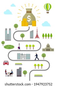 Bolsa de dólares y paisaje cotidiano Ilustración de pancartas verticales ( Metáfora del éxito financiero )