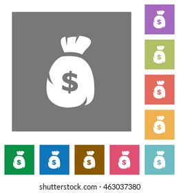 Dollar bag flat icon set on color square background.